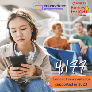Photo of youth holding a cellphone with other youth in the background, logos of ConnecTeen and Rogers Birdies for Kids presented by Altalink and text: 4,177 ConnecTeen contacts supported in 2023